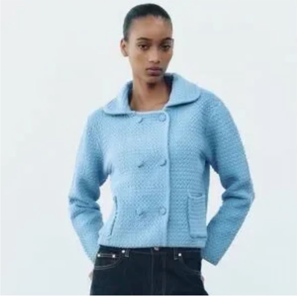 Zara Blue Pea Coat Double-Breasted Cropped Design
